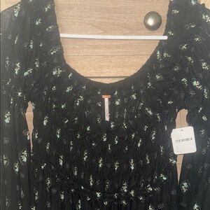 Free People Black Blouse with Mint Floral Print
